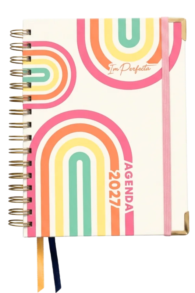 Portada Joy de la agenda ImPerfecta 2027: crema, con arcos de arcoíris en rosa, naranja, amarillo y verde agua, y «Agenda 2027» en rosa a un costado