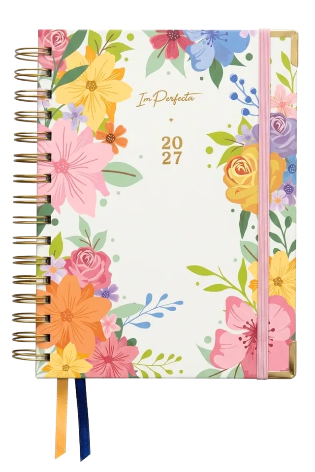 Portada Floral de la agenda ImPerfecta 2027: crema, con flores ilustradas de muchos colores alrededor y el centro despejado para el 2027