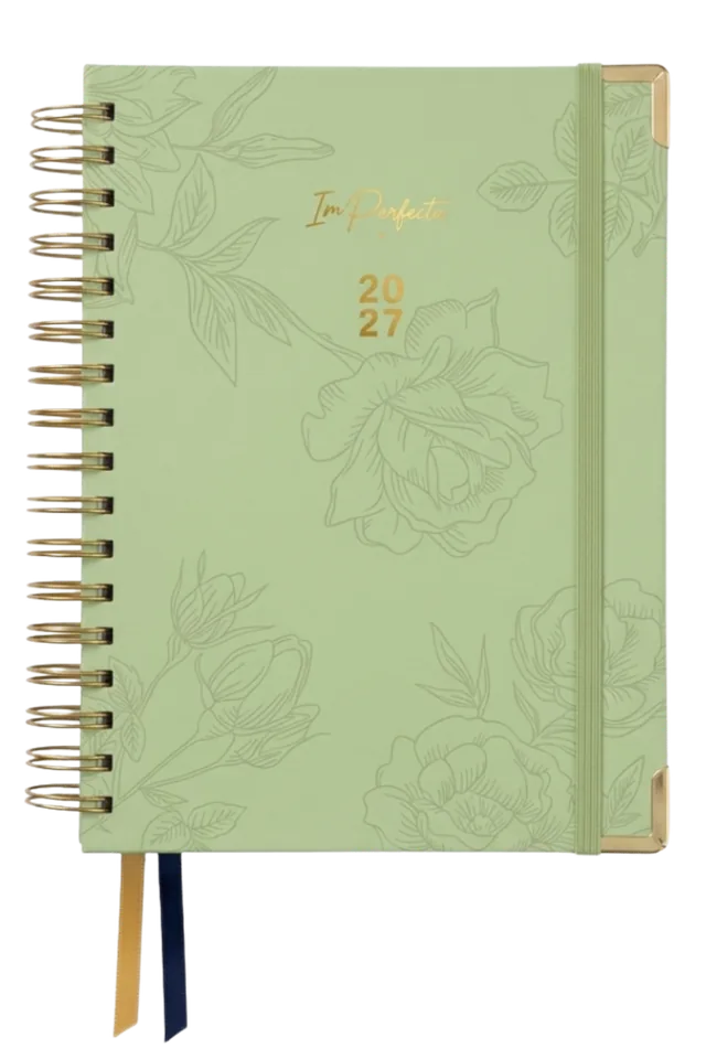 Portada Bloom de la agenda ImPerfecta 2027: verde salvia, con flores dibujadas solo en línea, casi del mismo color del fondo