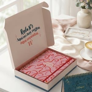Caja de regalo abierta con la agenda dentro y la frase «Regla N°1: Aquí no hay reglas, aquí mandas TÚ»