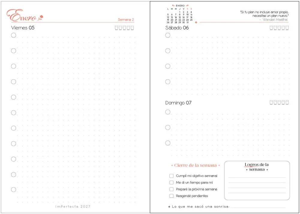 Vista diaria de la agenda ImPerfecta 2027: el viernes ocupa una página; el sábado y el domingo comparten la otra, con el cierre de la semana