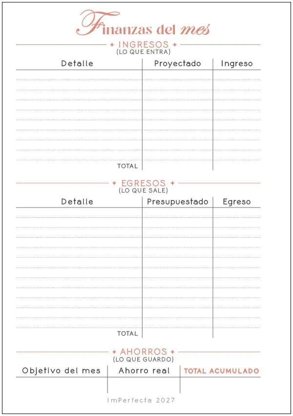 Página «Finanzas del mes» de la agenda ImPerfecta 2027, con una tabla de ingresos y otra de egresos: detalle, lo previsto y lo real
