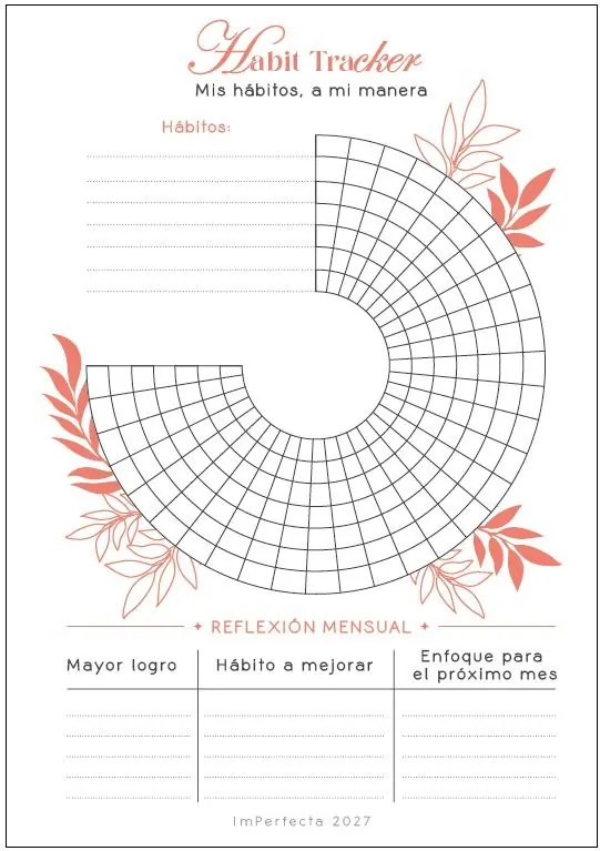 Página de hábitos de la agenda ImPerfecta 2027: una rueda para marcar los hábitos del mes y, abajo, la reflexión mensual